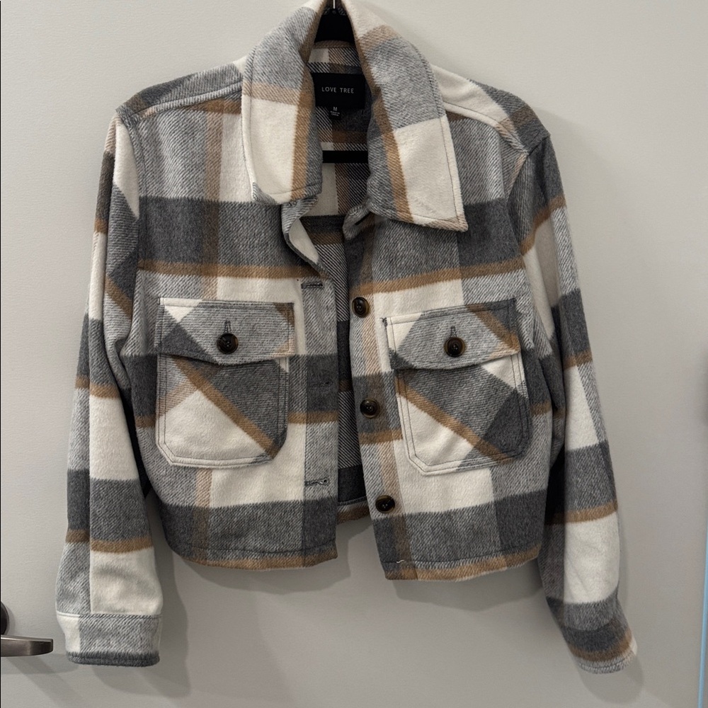 Cropped Gray and Tan Plaid Jacket